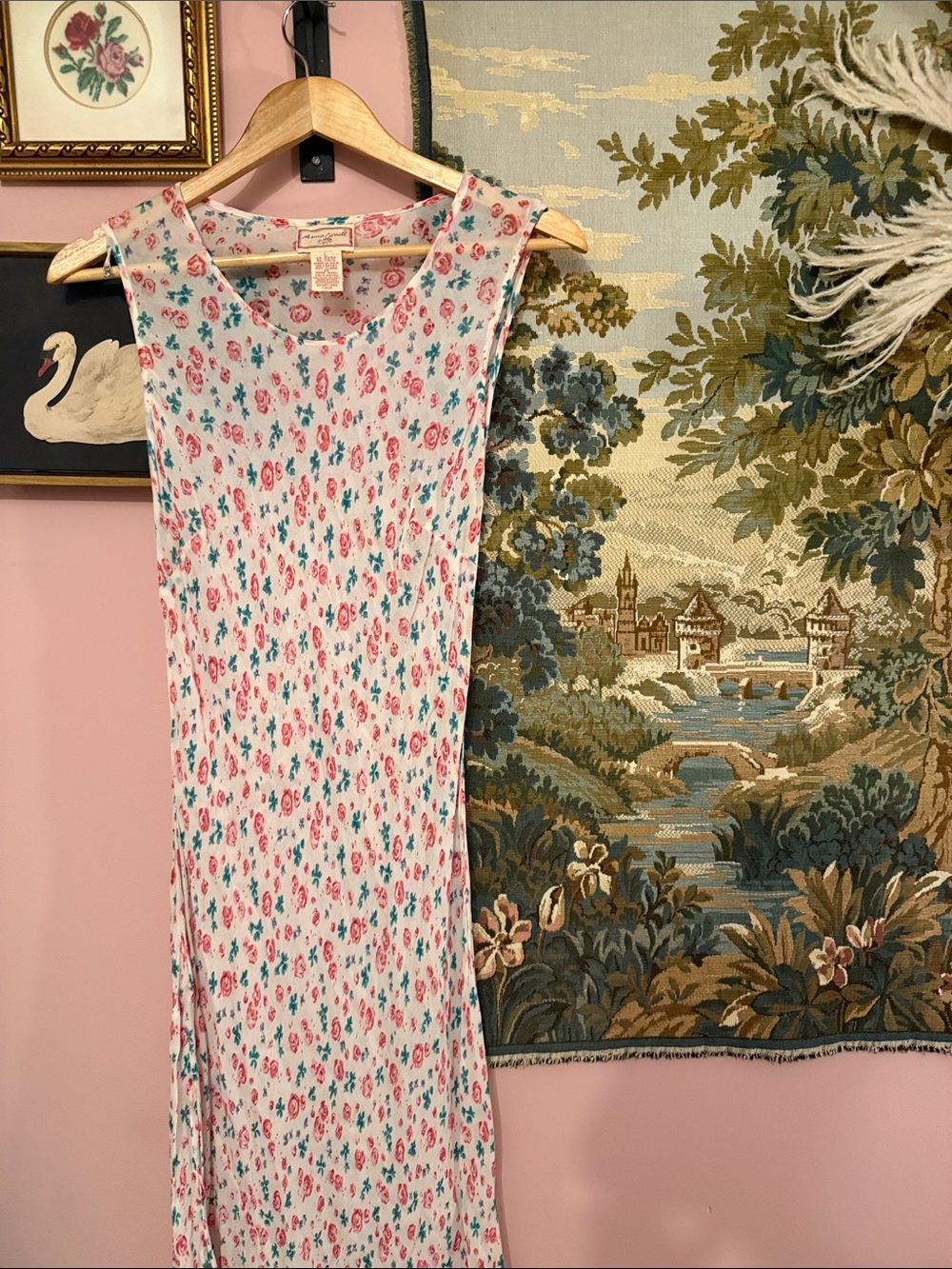 April Cornell Sz LFloral Sleeveless Maxi Dress in White with Pink & Teal Flowers